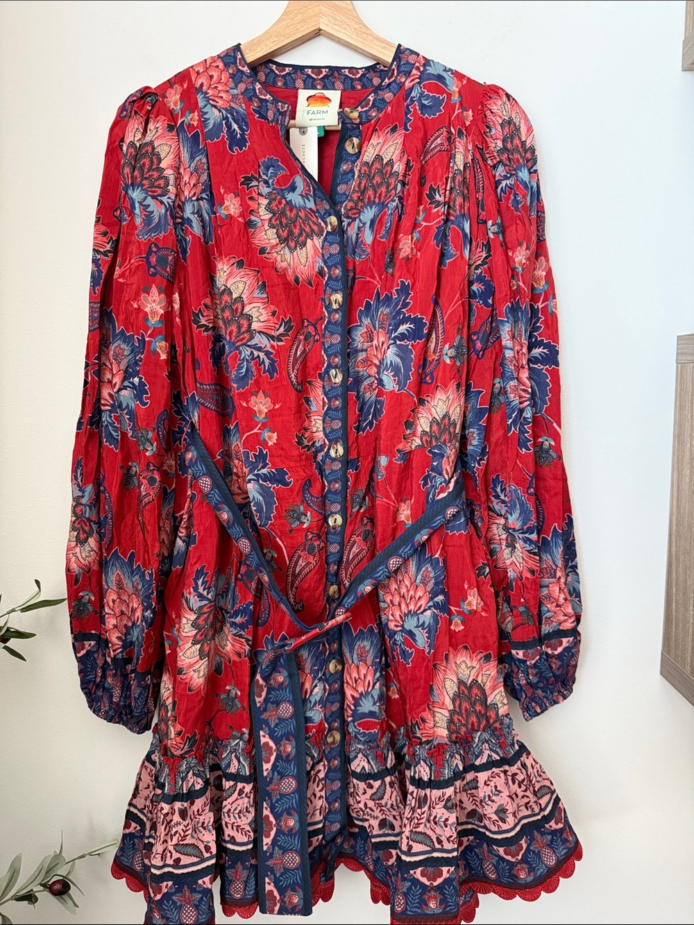 FARM Rio Red Floral Long-Sleeve Belted Mini Dress NWT